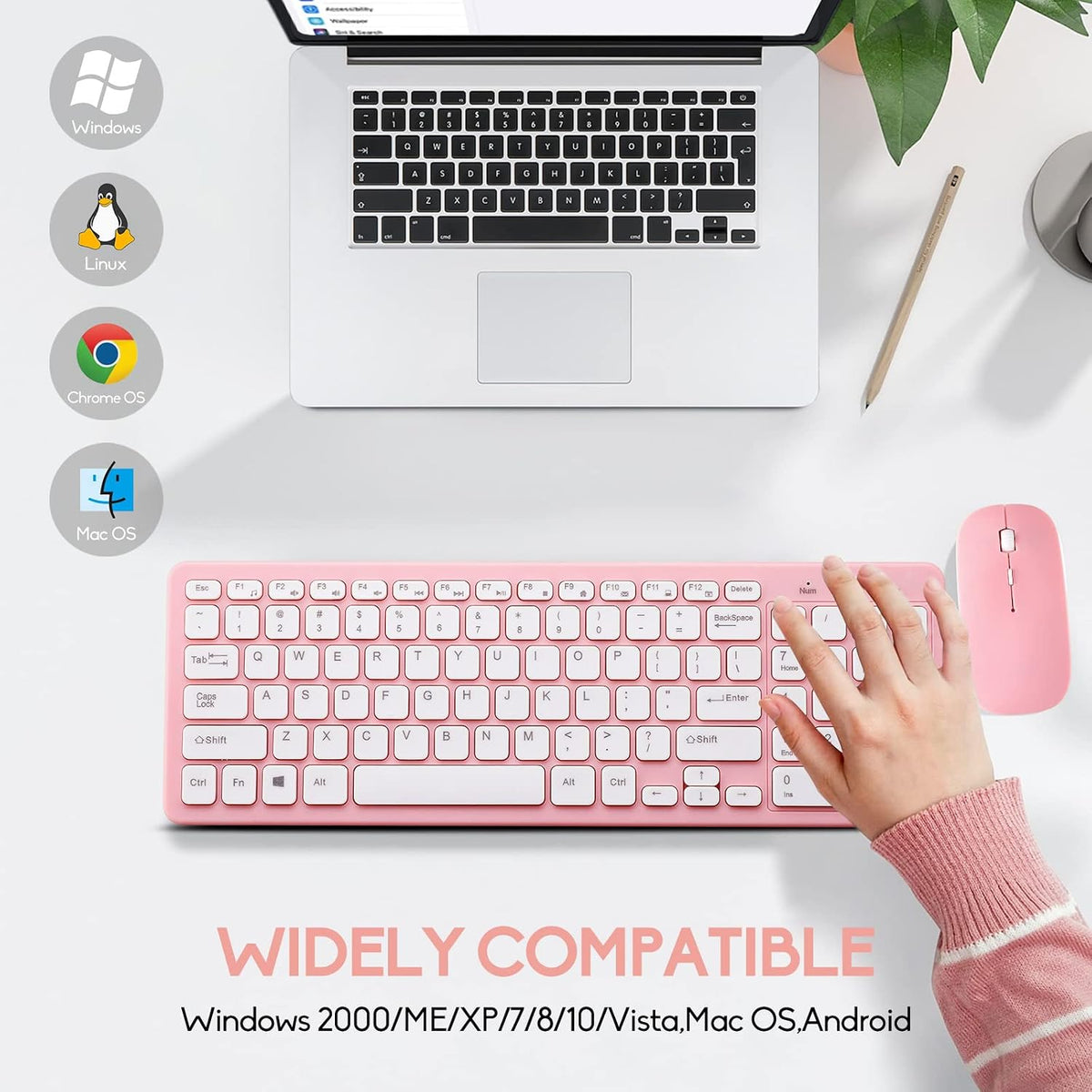 Wireless Keyboard and Mouse Combo, Compact Quiet Wireless Keyboard and Mouse Set 2.4G Ultra-Thin Sleek Design for Windows, Computer, Desktop, PC, Notebook, Laptop (Pink)