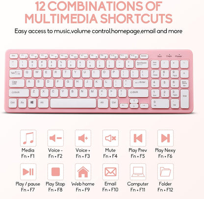 Wireless Keyboard and Mouse Combo, Compact Quiet Wireless Keyboard and Mouse Set 2.4G Ultra-Thin Sleek Design for Windows, Computer, Desktop, PC, Notebook, Laptop (Pink)