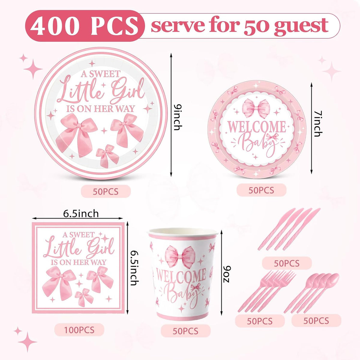 400 Pcs Pink Bows Baby Shower Party Decoration Girl for 50