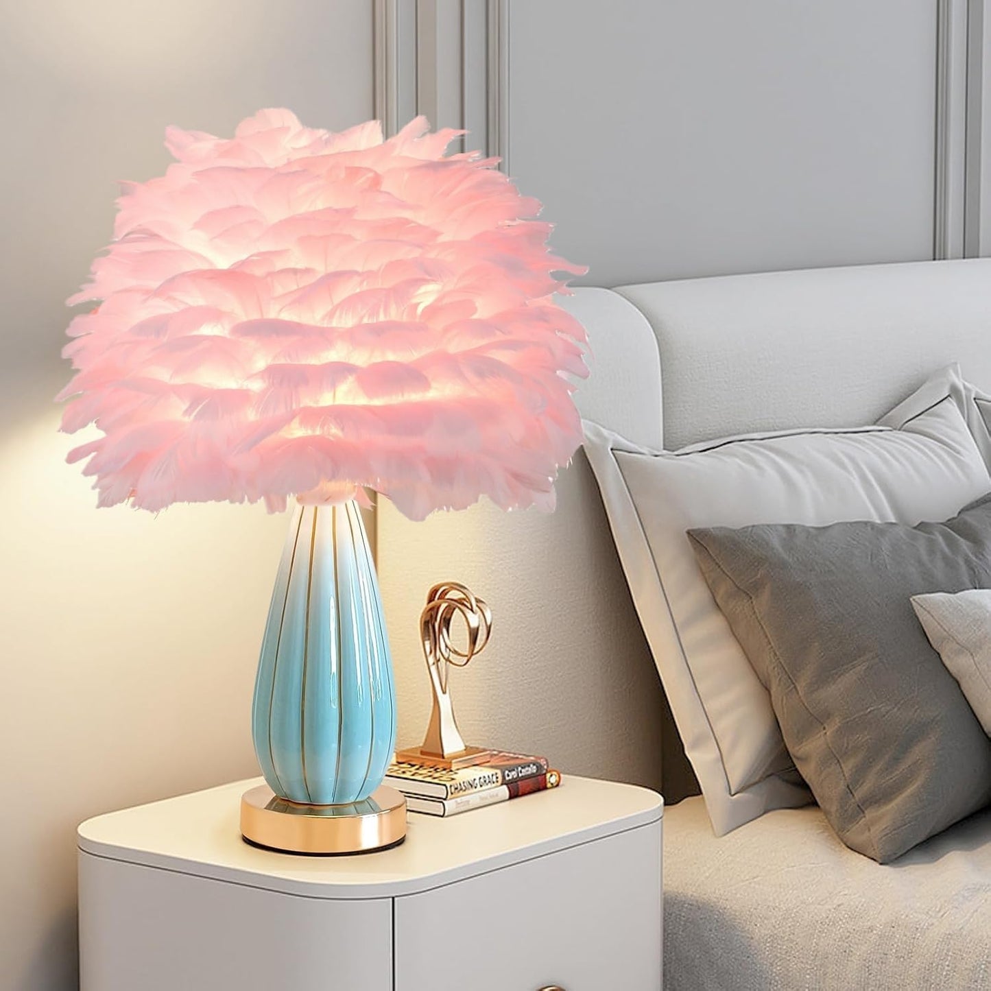 Pink Feather Table Lamp Creative Bedside Feather Lamp Simple Goose Nightstand Light Teen Desk Lighting for Girl Bedroom Living Room Decoration Wedding Romantic Atmosphere