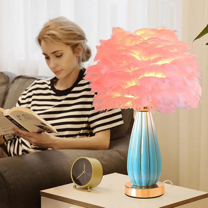 Pink Feather Table Lamp Creative Bedside Feather Lamp Simple Goose Nightstand Light Teen Desk Lighting for Girl Bedroom Living Room Decoration Wedding Romantic Atmosphere