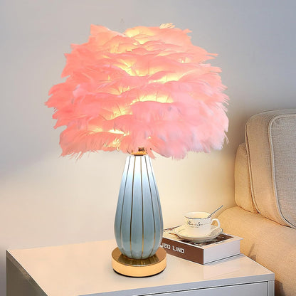 Pink Feather Table Lamp Creative Bedside Feather Lamp Simple Goose Nightstand Light Teen Desk Lighting for Girl Bedroom Living Room Decoration Wedding Romantic Atmosphere