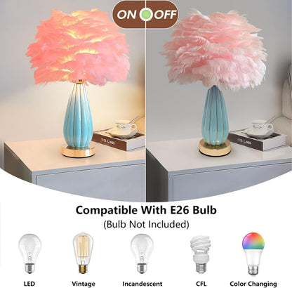 Pink Feather Table Lamp Creative Bedside Feather Lamp Simple Goose Nightstand Light Teen Desk Lighting for Girl Bedroom Living Room Decoration Wedding Romantic Atmosphere