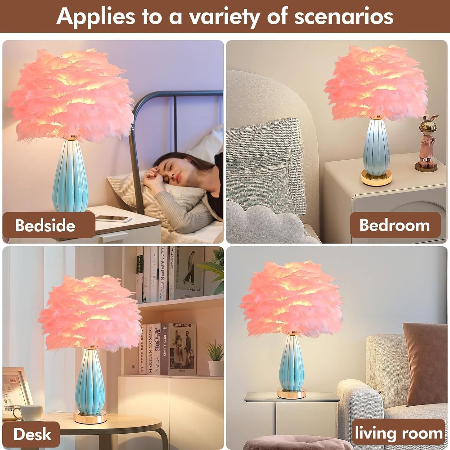 Pink Feather Table Lamp Creative Bedside Feather Lamp Simple Goose Nightstand Light Teen Desk Lighting for Girl Bedroom Living Room Decoration Wedding Romantic Atmosphere