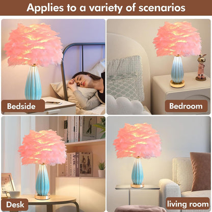 Pink Feather Table Lamp Creative Bedside Feather Lamp Simple Goose Nightstand Light Teen Desk Lighting for Girl Bedroom Living Room Decoration Wedding Romantic Atmosphere