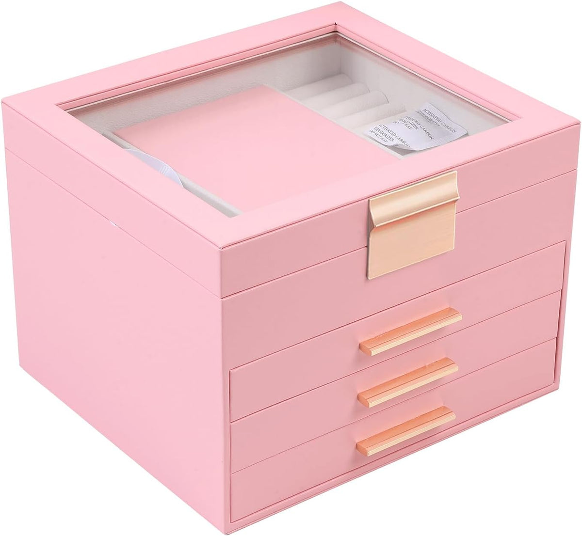 Clear Lid Jewelry Box,3 Layers Jewelry Organizer Large Jewelry Storage Box with 2 Drawers,Jewelry Holder Organzier of Rings Earrings Necklace Bracelets for Women (Pink, 4 Layer)