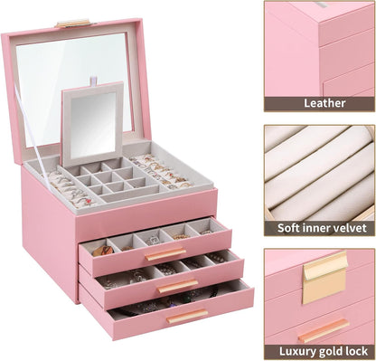 Clear Lid Jewelry Box,3 Layers Jewelry Organizer Large Jewelry Storage Box with 2 Drawers,Jewelry Holder Organzier of Rings Earrings Necklace Bracelets for Women (Pink, 4 Layer)
