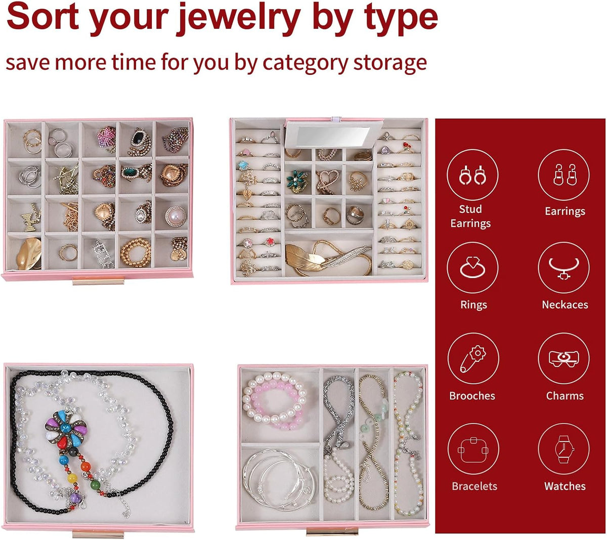 Clear Lid Jewelry Box,3 Layers Jewelry Organizer Large Jewelry Storage Box with 2 Drawers,Jewelry Holder Organzier of Rings Earrings Necklace Bracelets for Women (Pink, 4 Layer)
