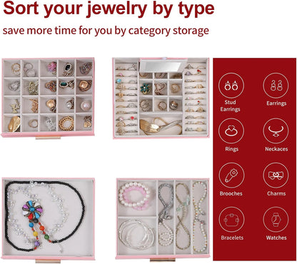 Clear Lid Jewelry Box,3 Layers Jewelry Organizer Large Jewelry Storage Box with 2 Drawers,Jewelry Holder Organzier of Rings Earrings Necklace Bracelets for Women (Pink, 4 Layer)