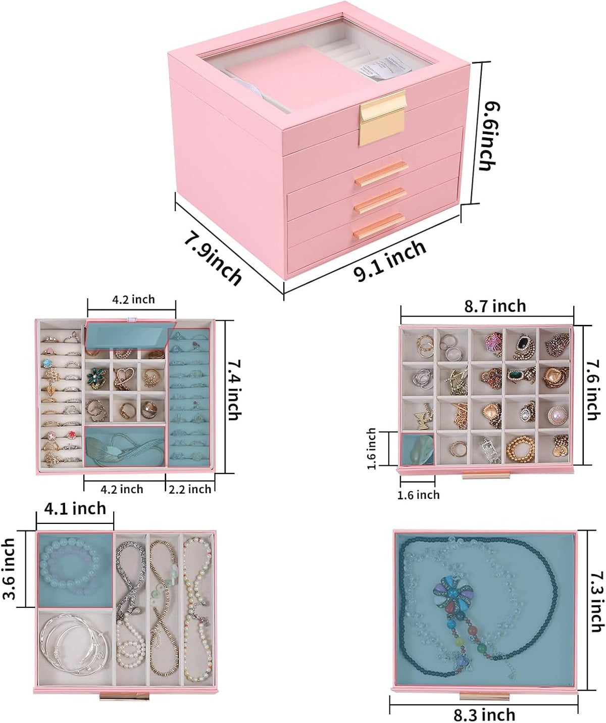 Clear Lid Jewelry Box,3 Layers Jewelry Organizer Large Jewelry Storage Box with 2 Drawers,Jewelry Holder Organzier of Rings Earrings Necklace Bracelets for Women (Pink, 4 Layer)