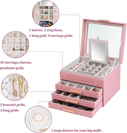 Clear Lid Jewelry Box,3 Layers Jewelry Organizer Large Jewelry Storage Box with 2 Drawers,Jewelry Holder Organzier of Rings Earrings Necklace Bracelets for Women (Pink, 4 Layer)