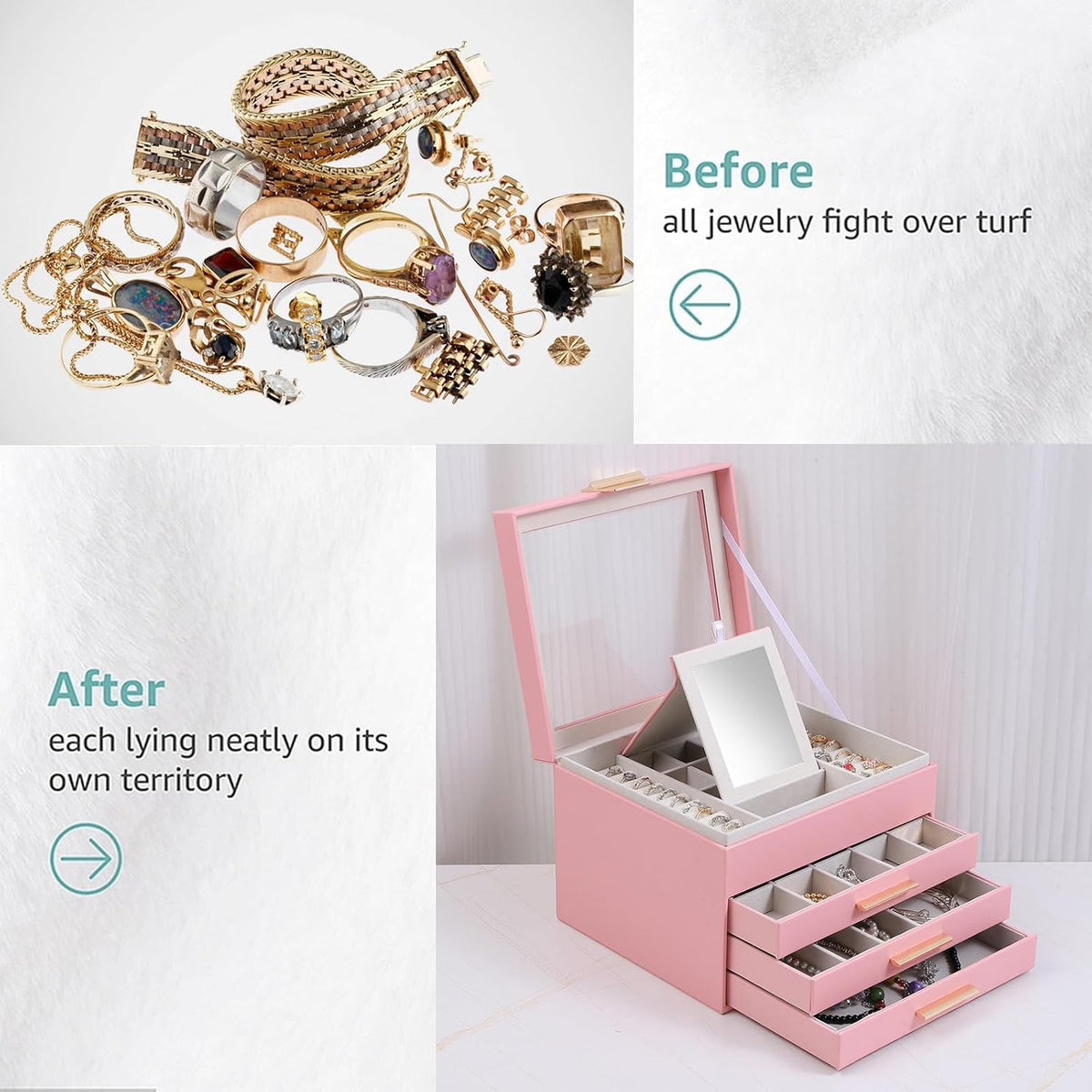 Clear Lid Jewelry Box,3 Layers Jewelry Organizer Large Jewelry Storage Box with 2 Drawers,Jewelry Holder Organzier of Rings Earrings Necklace Bracelets for Women (Pink, 4 Layer)