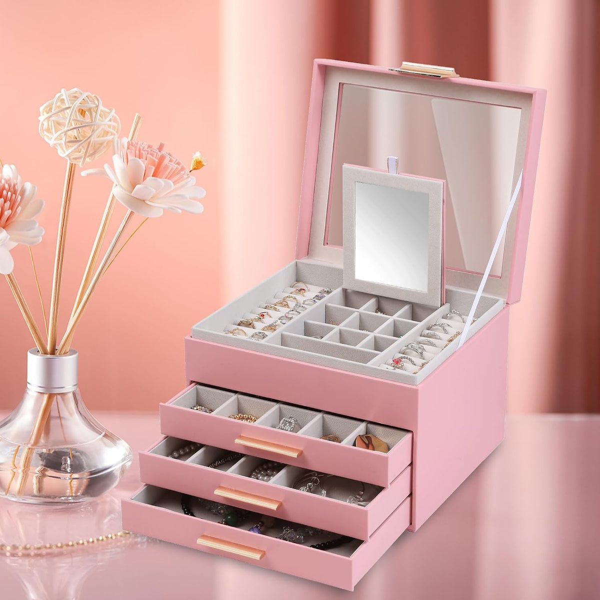 Clear Lid Jewelry Box,3 Layers Jewelry Organizer Large Jewelry Storage Box with 2 Drawers,Jewelry Holder Organzier of Rings Earrings Necklace Bracelets for Women (Pink, 4 Layer)