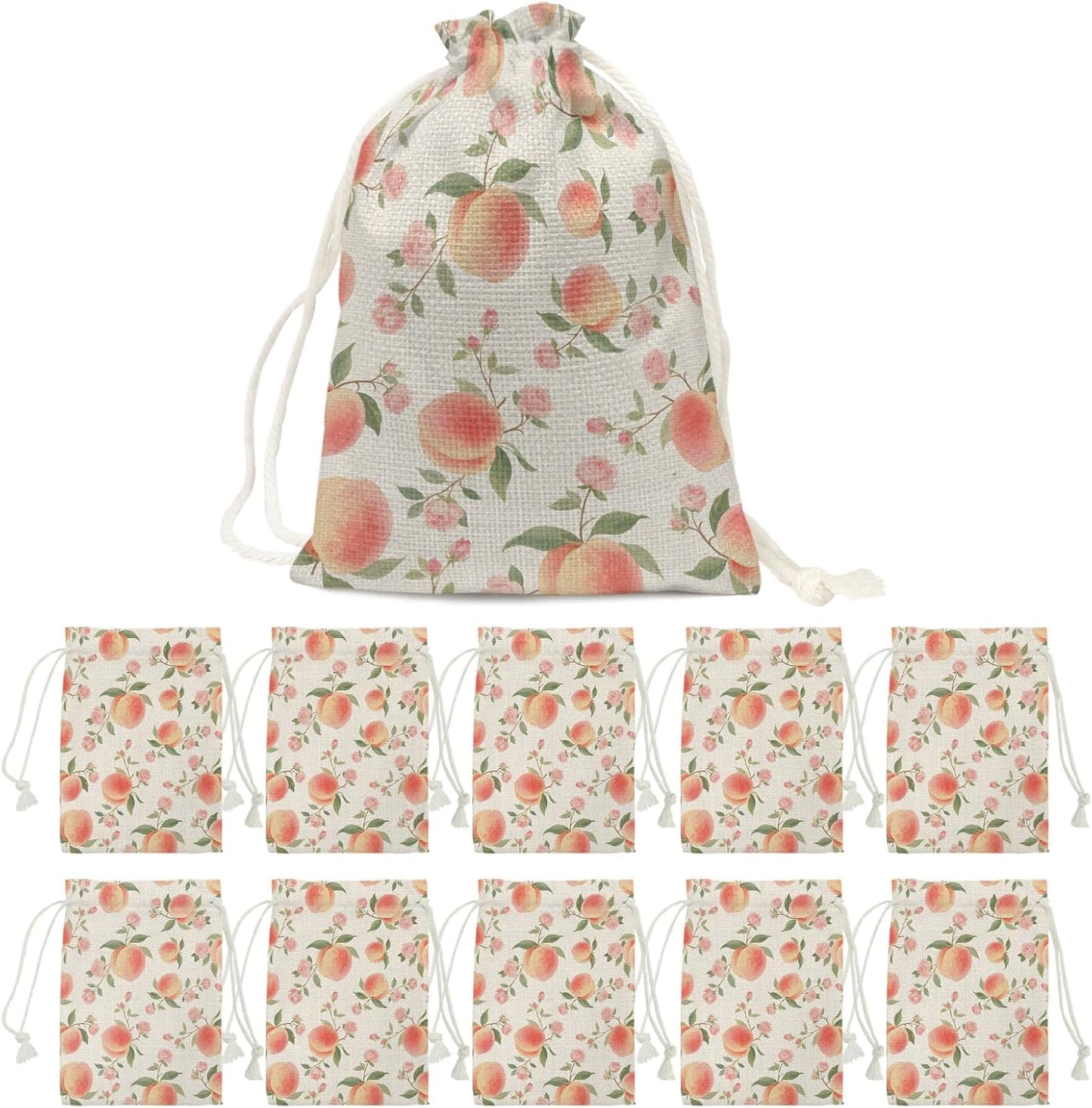 Victoroes Peach Drawstring Gift Bags 10 Pcs 5" x 7" Small Summer Peach Flower Spring Linen Gift Bag Reusable Fabric Wrap Bags for Wedding Party Birthday Holiday