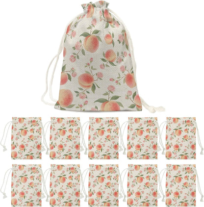 Victoroes Peach Drawstring Gift Bags 10 Pcs 5" x 7" Small Summer Peach Flower Spring Linen Gift Bag Reusable Fabric Wrap Bags for Wedding Party Birthday Holiday