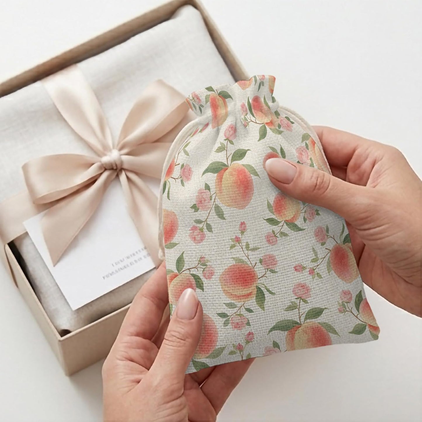 Victoroes Peach Drawstring Gift Bags 10 Pcs 5" x 7" Small Summer Peach Flower Spring Linen Gift Bag Reusable Fabric Wrap Bags for Wedding Party Birthday Holiday