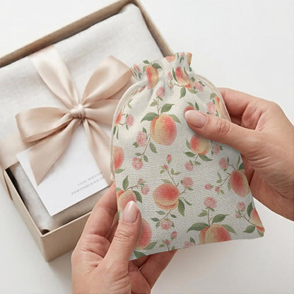 Victoroes Peach Drawstring Gift Bags 10 Pcs 5" x 7" Small Summer Peach Flower Spring Linen Gift Bag Reusable Fabric Wrap Bags for Wedding Party Birthday Holiday