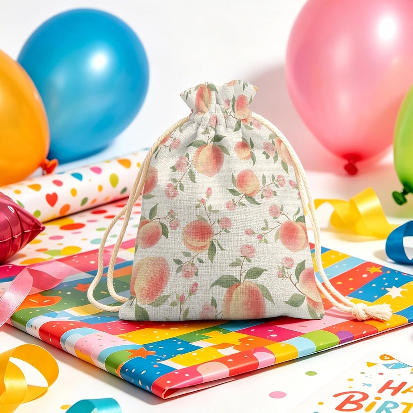 Victoroes Peach Drawstring Gift Bags 10 Pcs 5" x 7" Small Summer Peach Flower Spring Linen Gift Bag Reusable Fabric Wrap Bags for Wedding Party Birthday Holiday