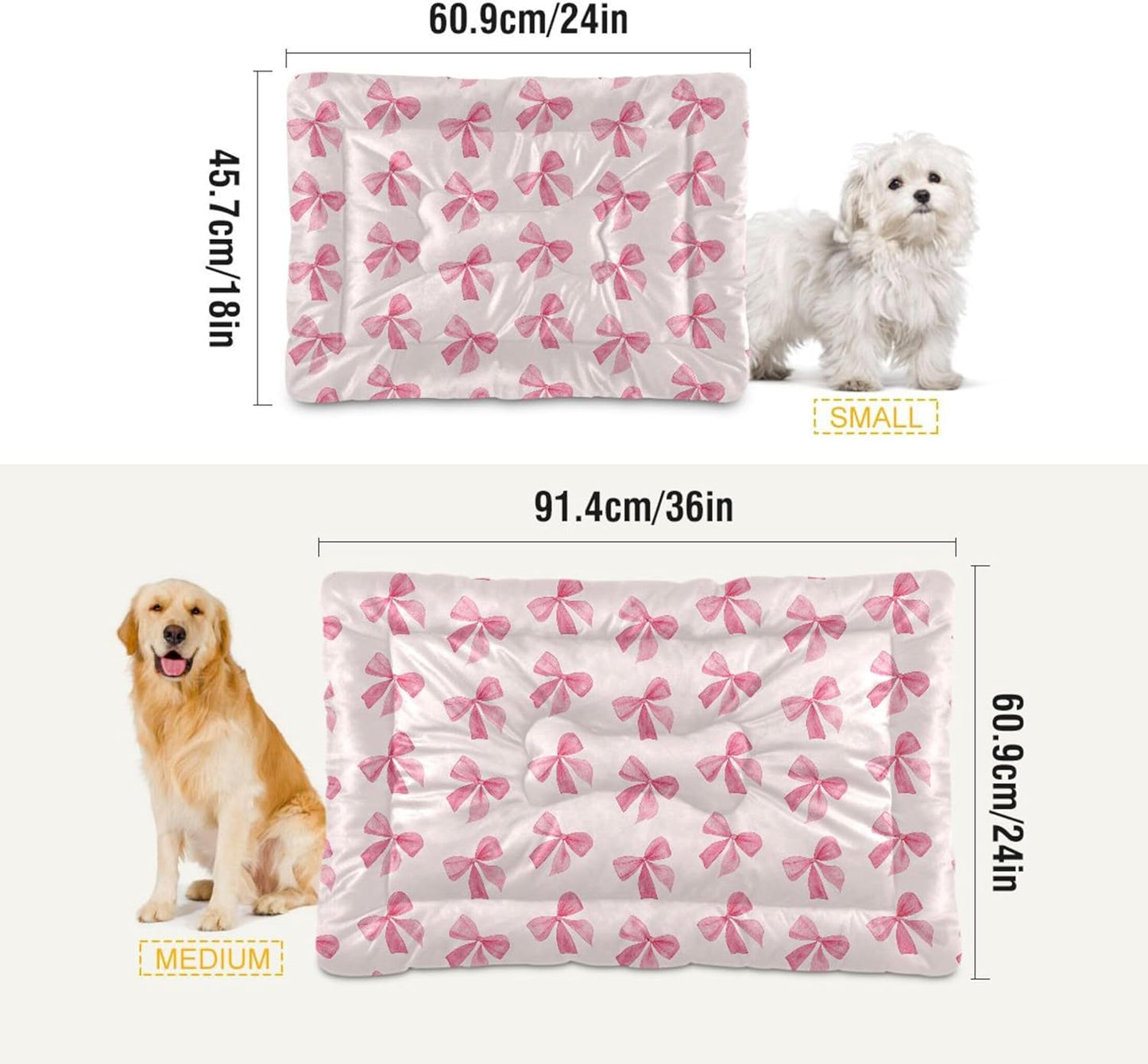 Pink Bows Pet Bed Pad, Soft Pet Pad with Non-Slip Bottom, Bed Mat for Cat and Dog, Machine Washable Mattress for Living Room Crate Car, 24"x18"