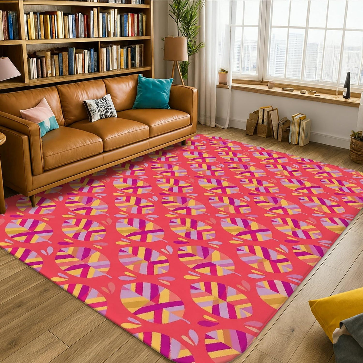 Flower Area Rug, Modern Vibrant Stripes Geometric Spring Peach Low Pile Sponge Soft Rectangle Carpet Stain Resistant Rugs for Living Room Bedroom New Home Dining Decor 5' X 7'
