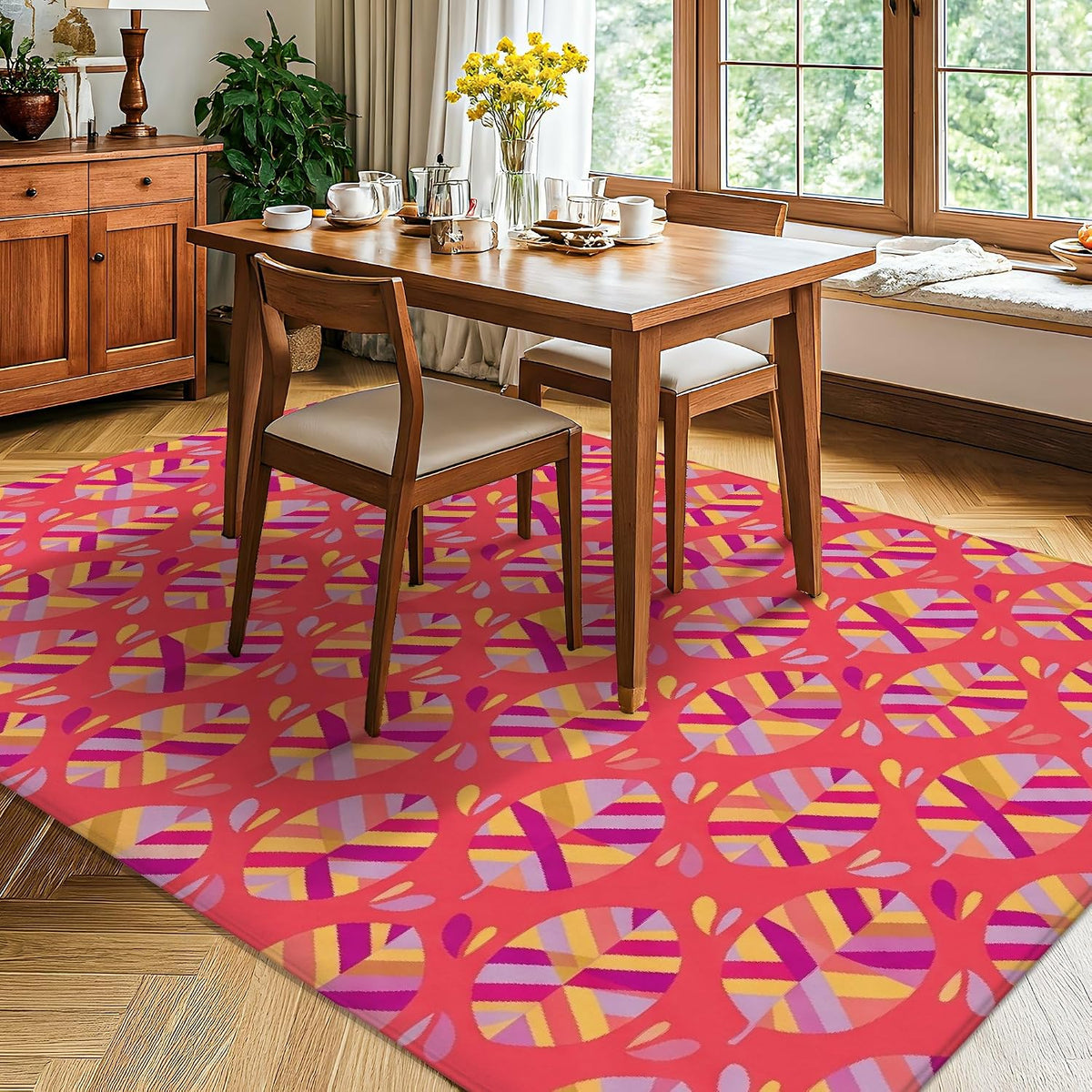 Flower Area Rug, Modern Vibrant Stripes Geometric Spring Peach Low Pile Sponge Soft Rectangle Carpet Stain Resistant Rugs for Living Room Bedroom New Home Dining Decor 5' X 7'
