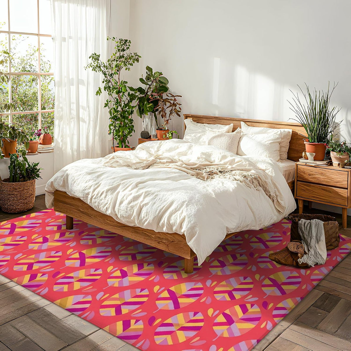 Flower Area Rug, Modern Vibrant Stripes Geometric Spring Peach Low Pile Sponge Soft Rectangle Carpet Stain Resistant Rugs for Living Room Bedroom New Home Dining Decor 5' X 7'