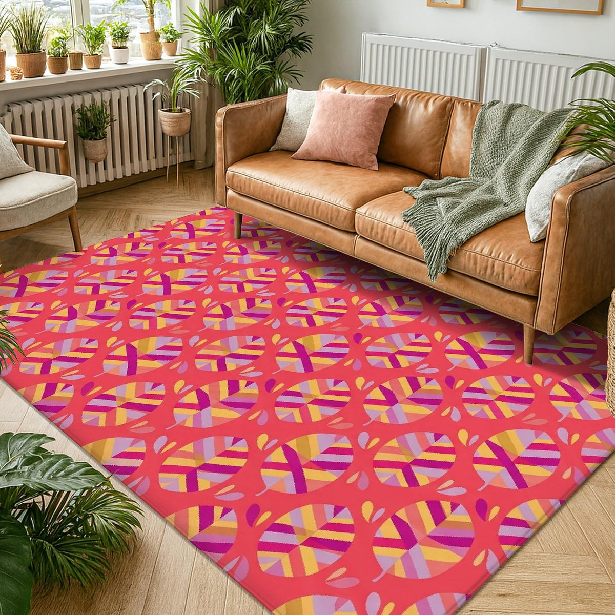 Flower Area Rug, Modern Vibrant Stripes Geometric Spring Peach Low Pile Sponge Soft Rectangle Carpet Stain Resistant Rugs for Living Room Bedroom New Home Dining Decor 5' X 7'