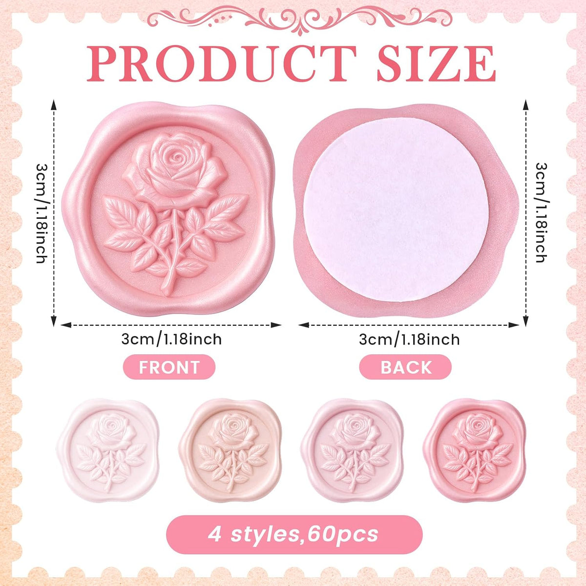 60 Pcs Wax Seal Stickers Rose Envelope Seals, Pink Series, Rose