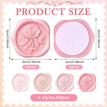 60 Pcs Wax Seal Stickers Rose Envelope Seals, Pink Series, Rose
