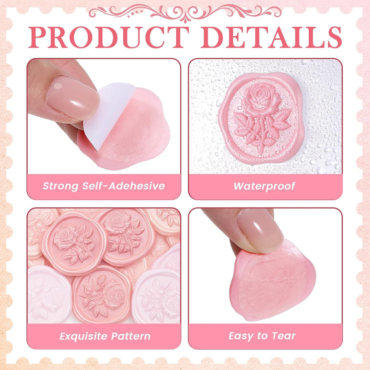 60 Pcs Wax Seal Stickers Rose Envelope Seals, Pink Series, Rose