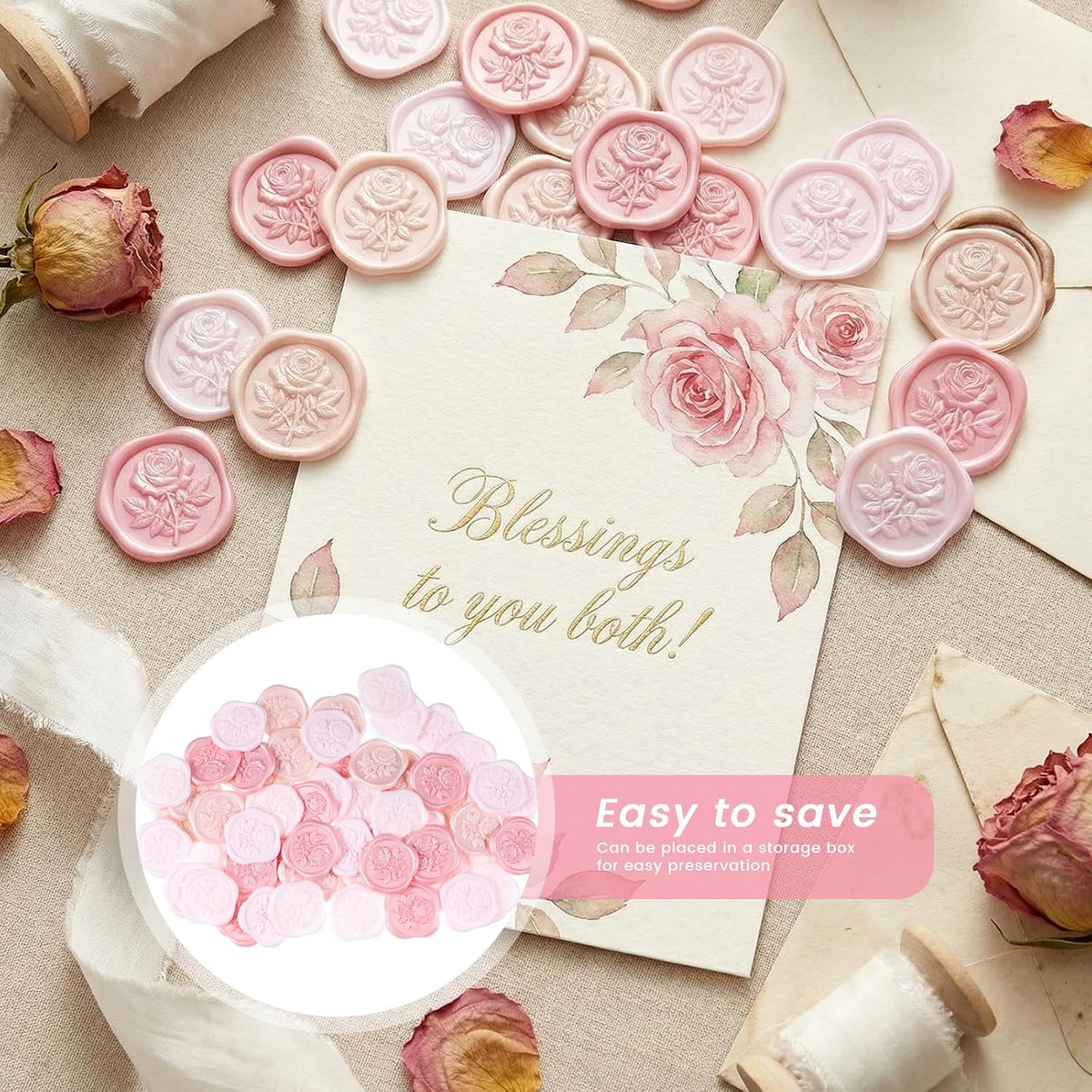 60 Pcs Wax Seal Stickers Rose Envelope Seals, Pink Series, Rose