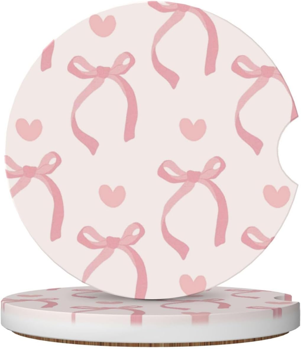 Pink Bow Love Heart Car Cup Holder Coaster 2 Pack Absorbent Ceramic Car Coasters for Cup Holders Car Accessories Interior for Women Men Universal Anti Slip Cork Base Cup Coasters with Finger Notch