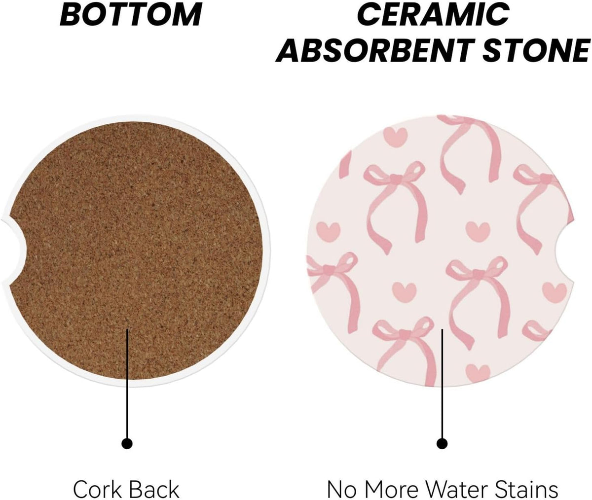 Pink Bow Love Heart Car Cup Holder Coaster 2 Pack Absorbent Ceramic Car Coasters for Cup Holders Car Accessories Interior for Women Men Universal Anti Slip Cork Base Cup Coasters with Finger Notch