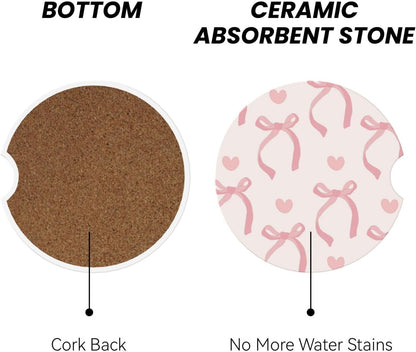 Pink Bow Love Heart Car Cup Holder Coaster 2 Pack Absorbent Ceramic Car Coasters for Cup Holders Car Accessories Interior for Women Men Universal Anti Slip Cork Base Cup Coasters with Finger Notch
