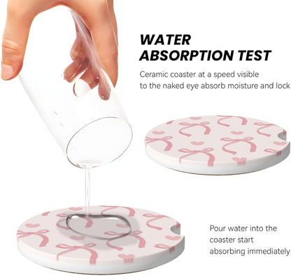 Pink Bow Love Heart Car Cup Holder Coaster 2 Pack Absorbent Ceramic Car Coasters for Cup Holders Car Accessories Interior for Women Men Universal Anti Slip Cork Base Cup Coasters with Finger Notch