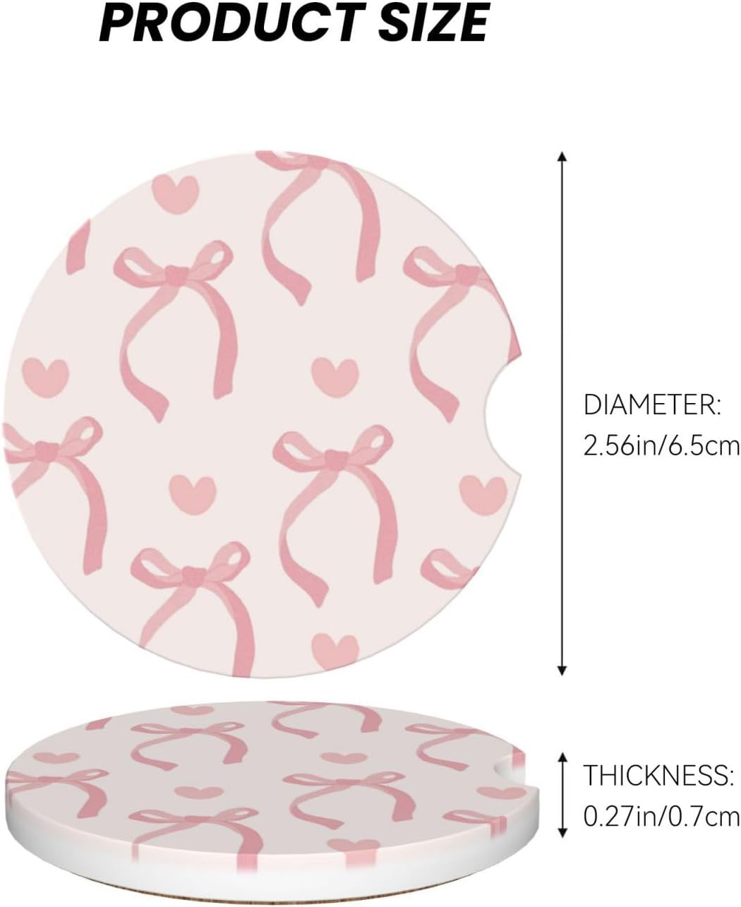 Pink Bow Love Heart Car Cup Holder Coaster 2 Pack Absorbent Ceramic Car Coasters for Cup Holders Car Accessories Interior for Women Men Universal Anti Slip Cork Base Cup Coasters with Finger Notch