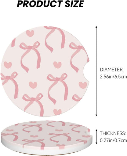 Pink Bow Love Heart Car Cup Holder Coaster 2 Pack Absorbent Ceramic Car Coasters for Cup Holders Car Accessories Interior for Women Men Universal Anti Slip Cork Base Cup Coasters with Finger Notch