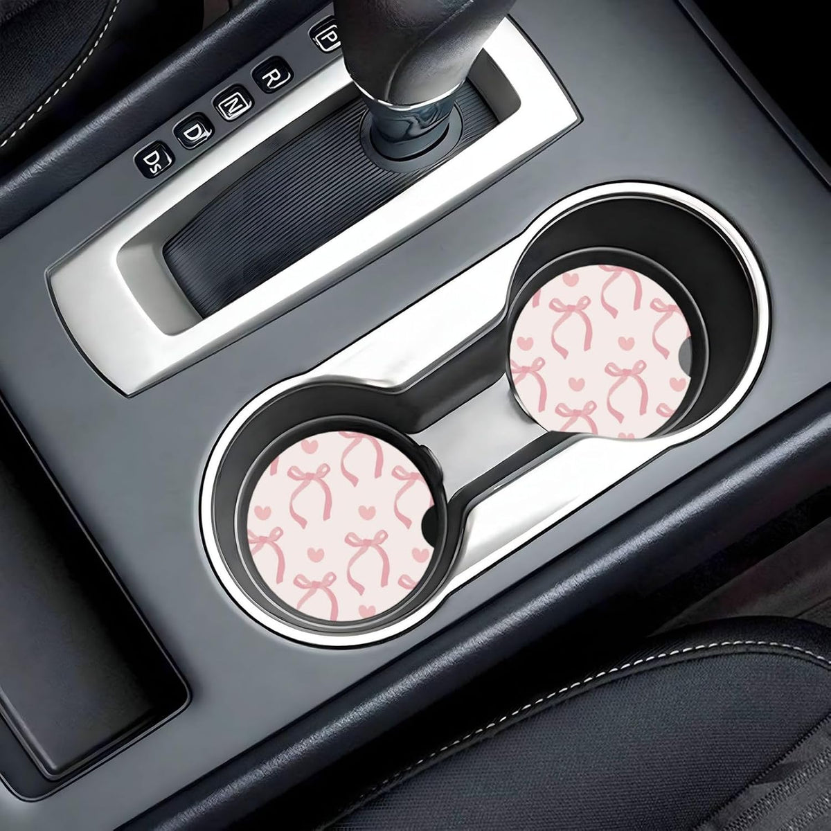 Pink Bow Love Heart Car Cup Holder Coaster 2 Pack Absorbent Ceramic Car Coasters for Cup Holders Car Accessories Interior for Women Men Universal Anti Slip Cork Base Cup Coasters with Finger Notch