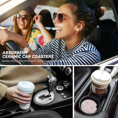 Pink Bow Love Heart Car Cup Holder Coaster 2 Pack Absorbent Ceramic Car Coasters for Cup Holders Car Accessories Interior for Women Men Universal Anti Slip Cork Base Cup Coasters with Finger Notch
