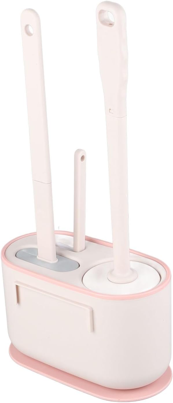 Wall Mounted Toilet Brush and Holder Set, Long Handle Flat Head Toilet Bowl Brush for Deep Cleaning, No Punching Installation, Ventilated Base for Bathroom or RV (Pink)