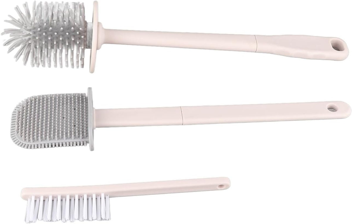 Wall Mounted Toilet Brush and Holder Set, Long Handle Flat Head Toilet Bowl Brush for Deep Cleaning, No Punching Installation, Ventilated Base for Bathroom or RV (Pink)