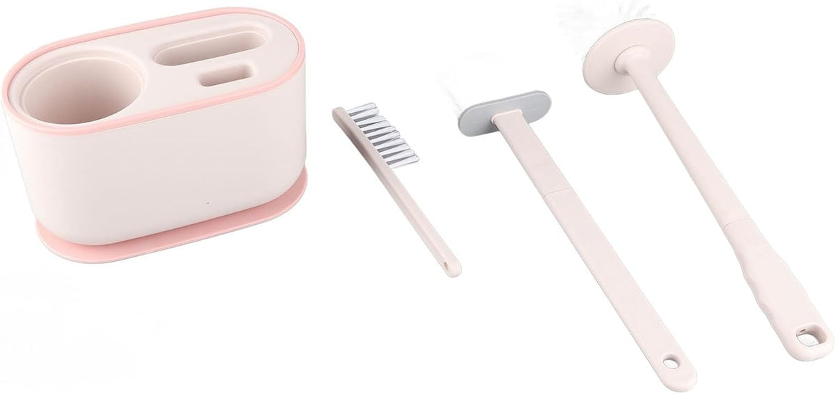 Wall Mounted Toilet Brush and Holder Set, Long Handle Flat Head Toilet Bowl Brush for Deep Cleaning, No Punching Installation, Ventilated Base for Bathroom or RV (Pink)