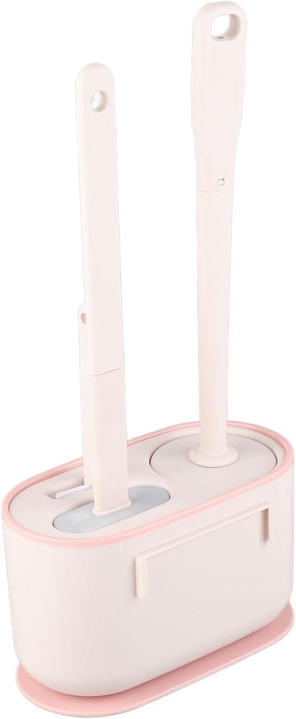 Wall Mounted Toilet Brush and Holder Set, Long Handle Flat Head Toilet Bowl Brush for Deep Cleaning, No Punching Installation, Ventilated Base for Bathroom or RV (Pink)