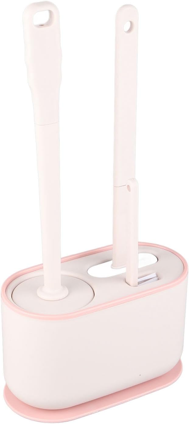 Wall Mounted Toilet Brush and Holder Set, Long Handle Flat Head Toilet Bowl Brush for Deep Cleaning, No Punching Installation, Ventilated Base for Bathroom or RV (Pink)