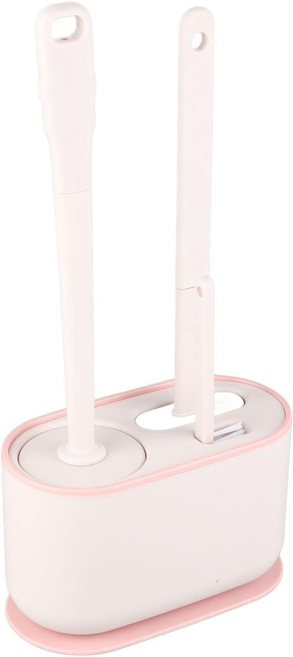 Wall Mounted Toilet Brush and Holder Set, Long Handle Flat Head Toilet Bowl Brush for Deep Cleaning, No Punching Installation, Ventilated Base for Bathroom or RV (Pink)