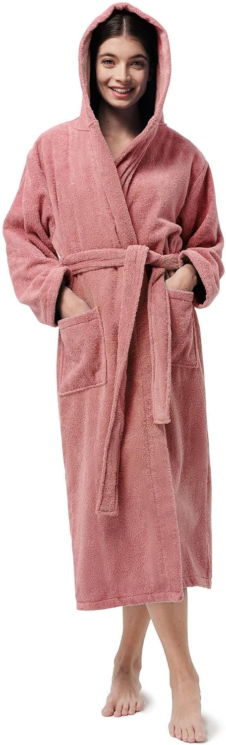 Terry Cloth Robes for Women, Hooded Cotton Long Bathrobe with Pockets