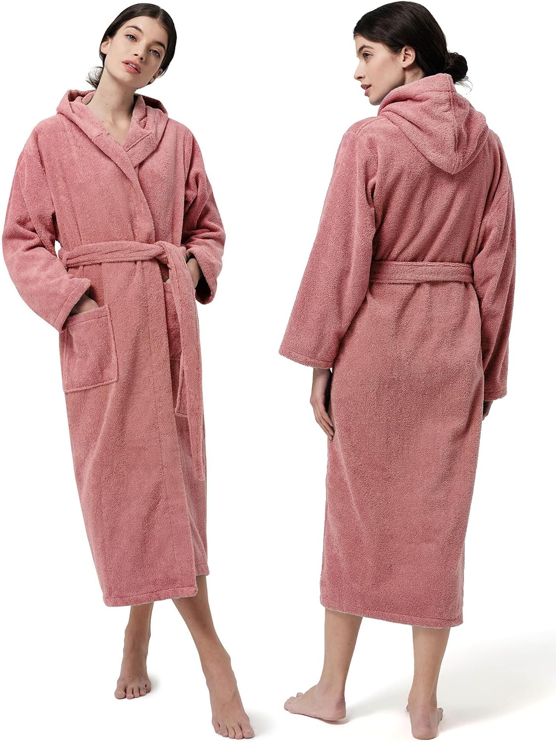 Terry Cloth Robes for Women, Hooded Cotton Long Bathrobe with Pockets