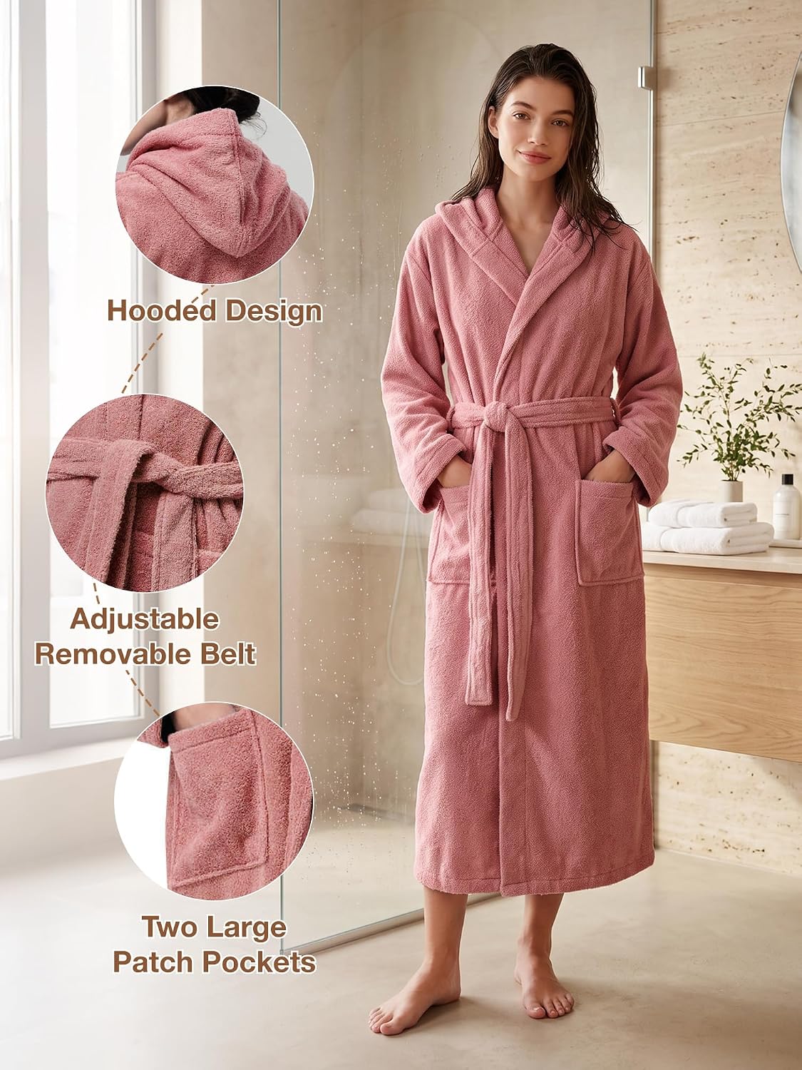 Terry Cloth Robes for Women, Hooded Cotton Long Bathrobe with Pockets