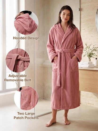 Terry Cloth Robes for Women, Hooded Cotton Long Bathrobe with Pockets