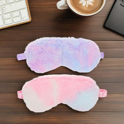 2pcs Plush Rabbit Fur Sleep Eye Masks and Women – Soft Faux Silk Light Blocking Cover for Travel and Nap, Comfortable Skin-Friendly Eyemask Set in Iridescent Blue Pink
